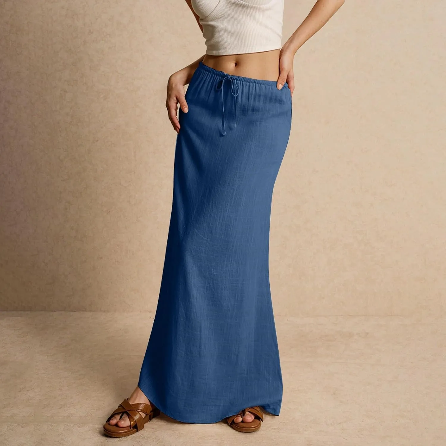 Linen Maxi Skirts for Women Trendy Summer Drawstring Low Waisted A-Line Skirts Casual Flowy Boho Beach Vacation Outfits