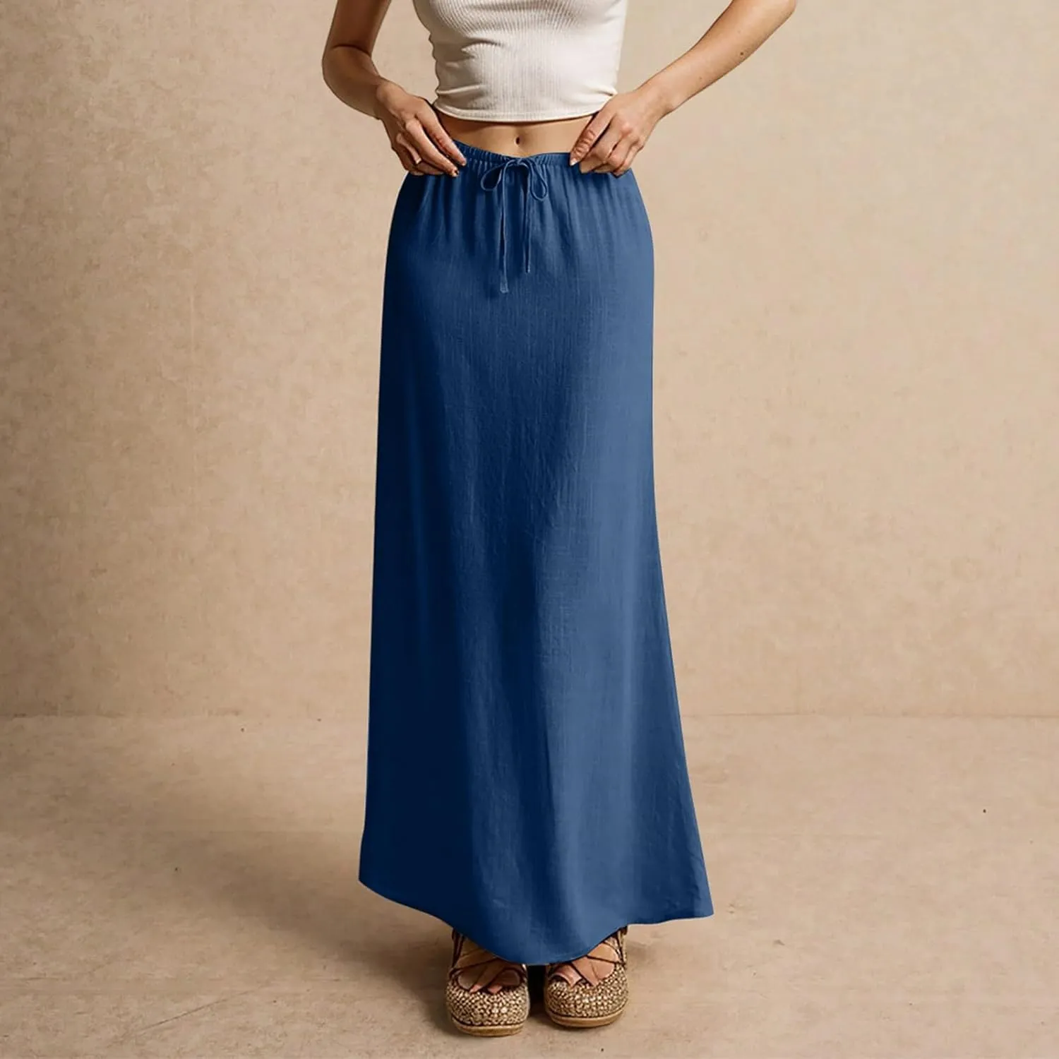 Linen Maxi Skirts for Women Trendy Summer Drawstring Low Waisted A-Line Skirts Casual Flowy Boho Beach Vacation Outfits