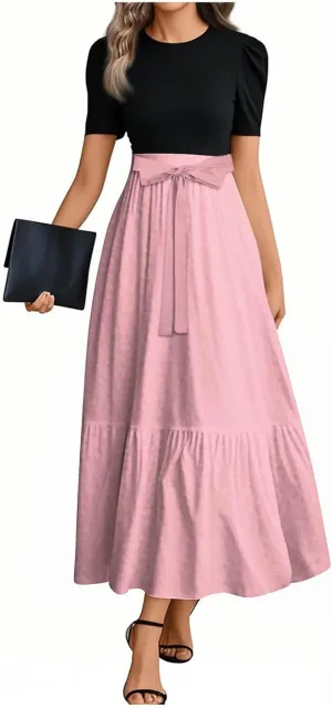 Long Dresses for Women Spring Solid Color Crewneck Light Tie Waist Short Sleeve Casual Vacation High Waist Long Dresses