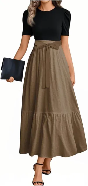 Long Dresses for Women Spring Solid Color Crewneck Light Tie Waist Short Sleeve Casual Vacation High Waist Long Dresses