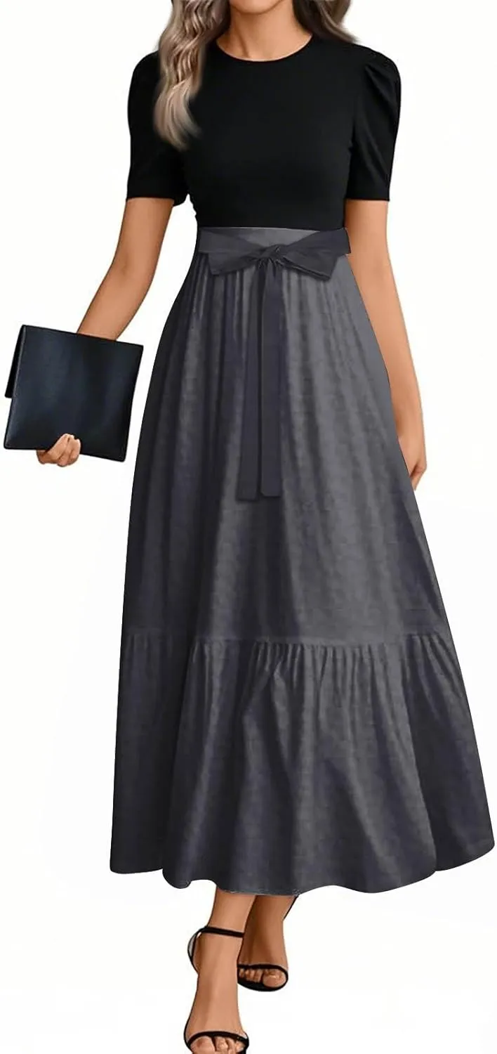 Long Dresses for Women Spring Solid Color Crewneck Light Tie Waist Short Sleeve Casual Vacation High Waist Long Dresses