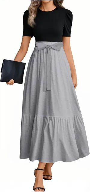 Long Dresses for Women Spring Solid Color Crewneck Light Tie Waist Short Sleeve Casual Vacation High Waist Long Dresses