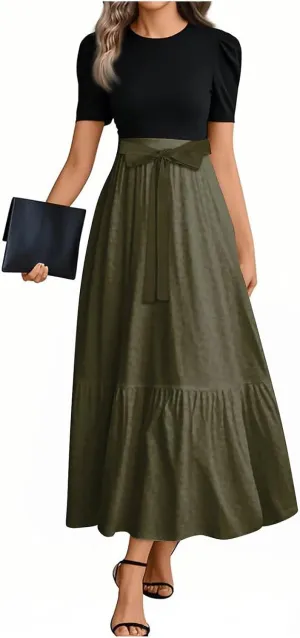 Long Dresses for Women Spring Solid Color Crewneck Light Tie Waist Short Sleeve Casual Vacation High Waist Long Dresses