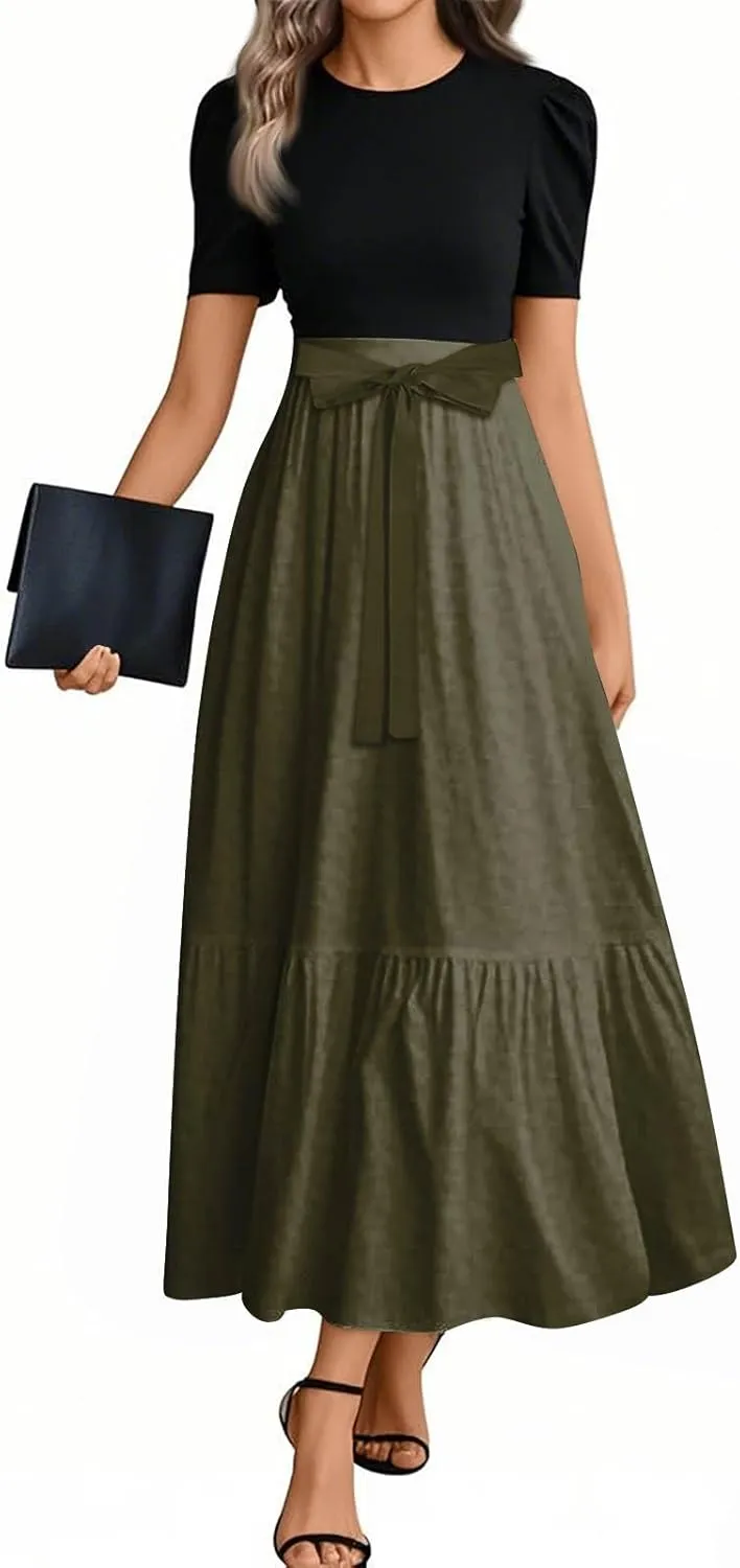 Long Dresses for Women Spring Solid Color Crewneck Light Tie Waist Short Sleeve Casual Vacation High Waist Long Dresses