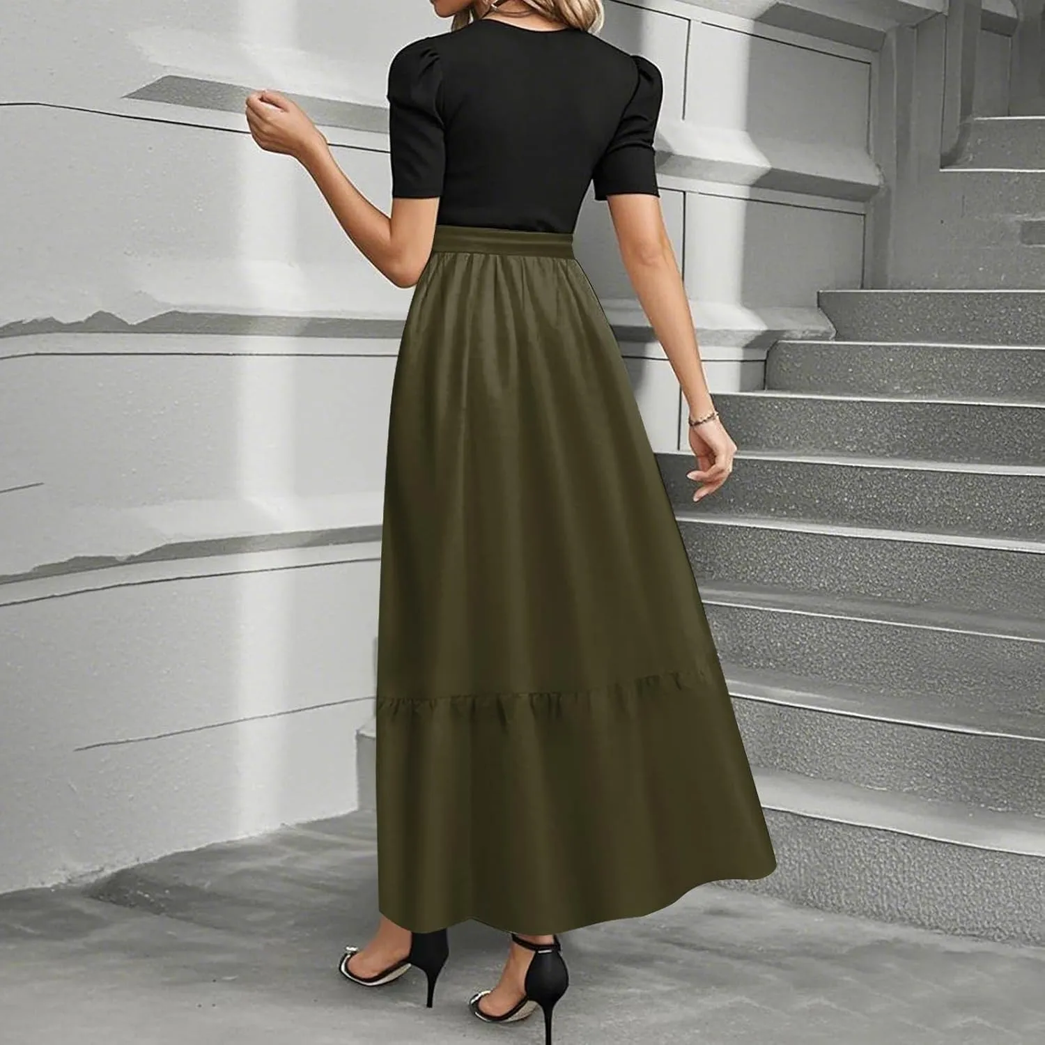 Long Dresses for Women Spring Solid Color Crewneck Light Tie Waist Short Sleeve Casual Vacation High Waist Long Dresses