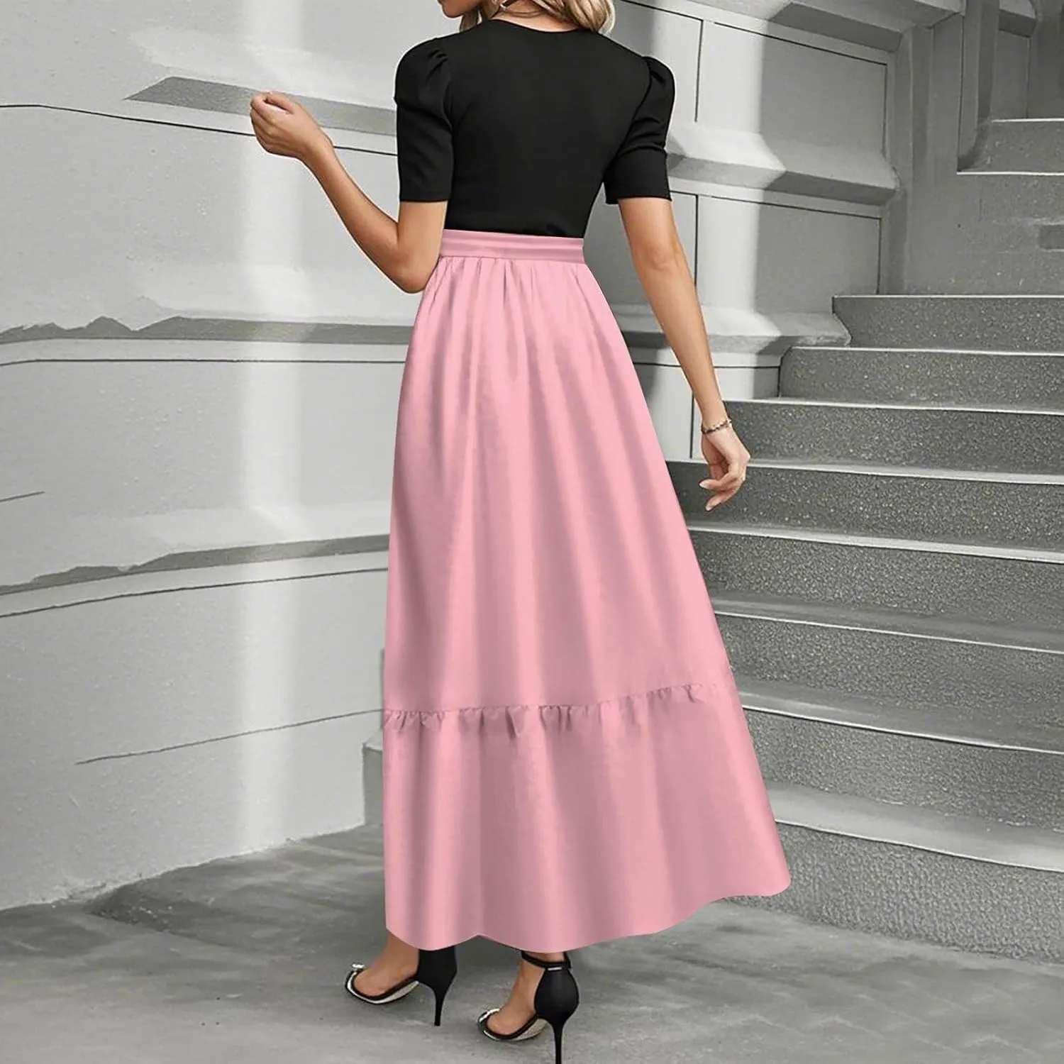 Long Dresses for Women Spring Solid Color Crewneck Light Tie Waist Short Sleeve Casual Vacation High Waist Long Dresses