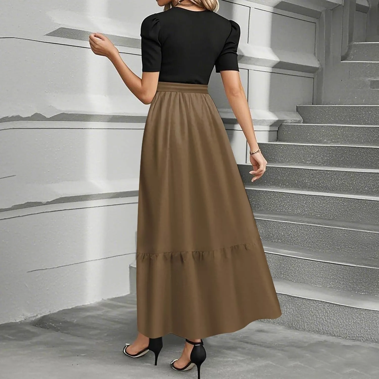 Long Dresses for Women Spring Solid Color Crewneck Light Tie Waist Short Sleeve Casual Vacation High Waist Long Dresses