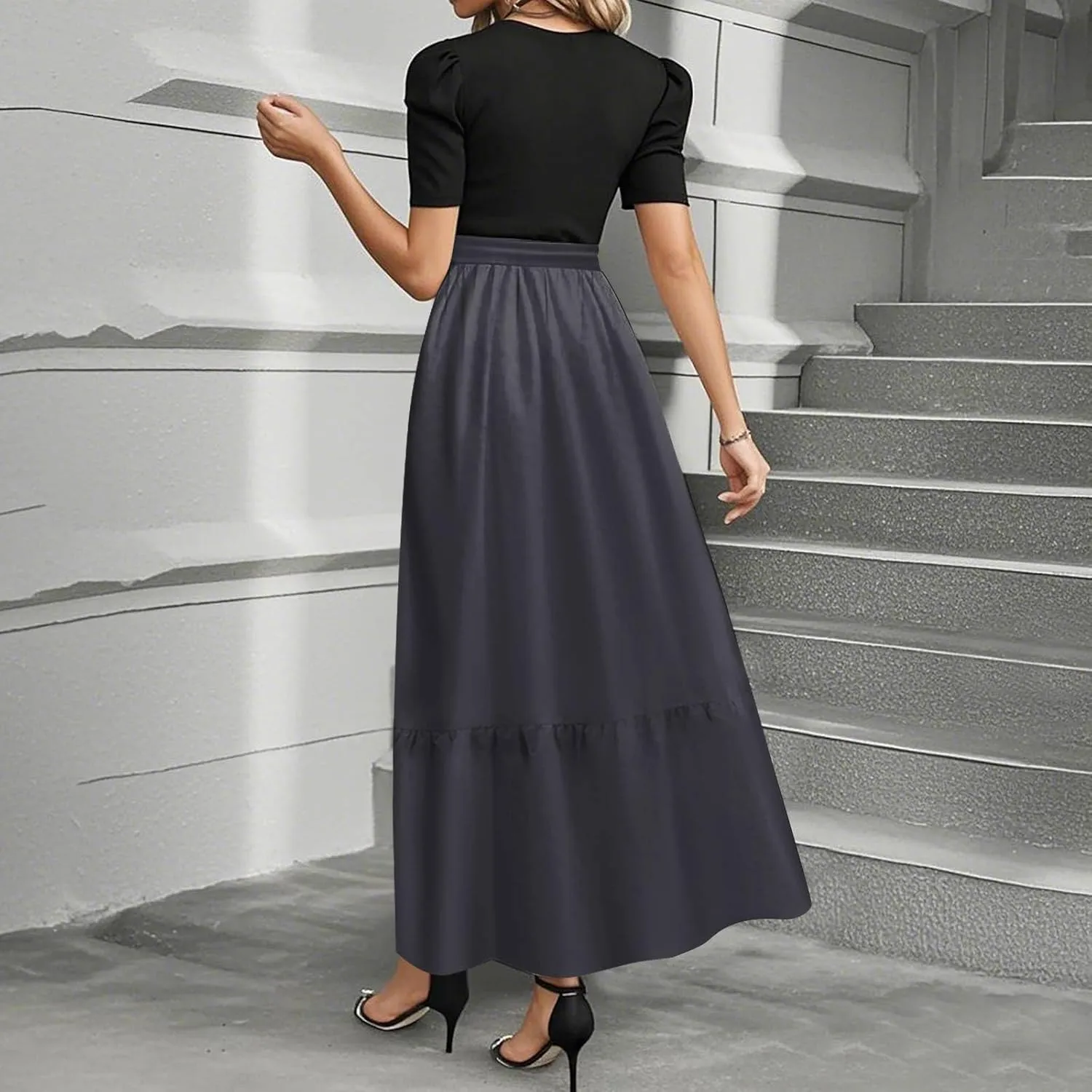 Long Dresses for Women Spring Solid Color Crewneck Light Tie Waist Short Sleeve Casual Vacation High Waist Long Dresses