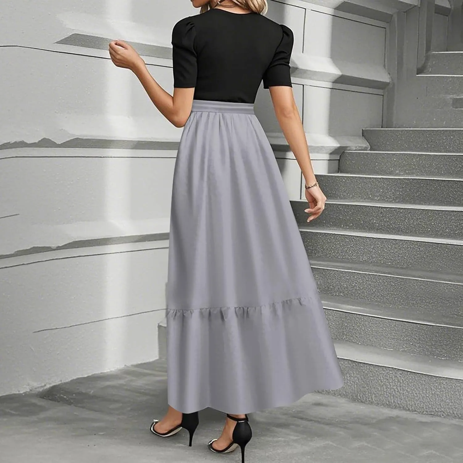 Long Dresses for Women Spring Solid Color Crewneck Light Tie Waist Short Sleeve Casual Vacation High Waist Long Dresses