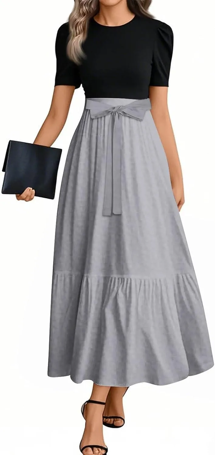 Long Dresses for Women Spring Solid Color Crewneck Light Tie Waist Short Sleeve Casual Vacation High Waist Long Dresses