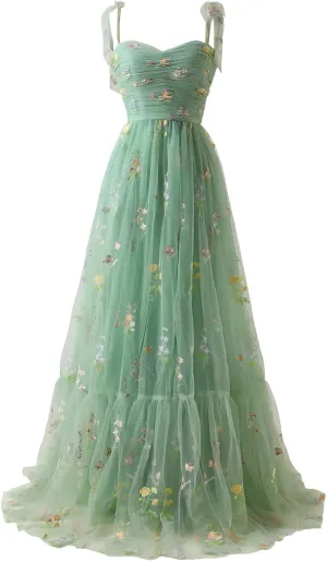 Long Flower Tulle Prom Dresses 2024 Spaghetti Straps Ball Gowns for Women WD204
