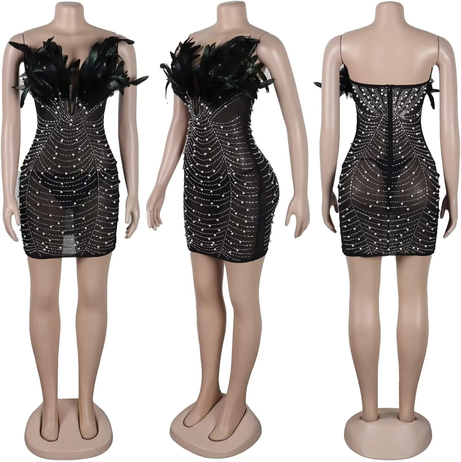 LROSEY Birthday Dresses for Women Sexy Strapless Mini Dress with Rhinestone Feather Party Cocktail Club Date Night Outfits