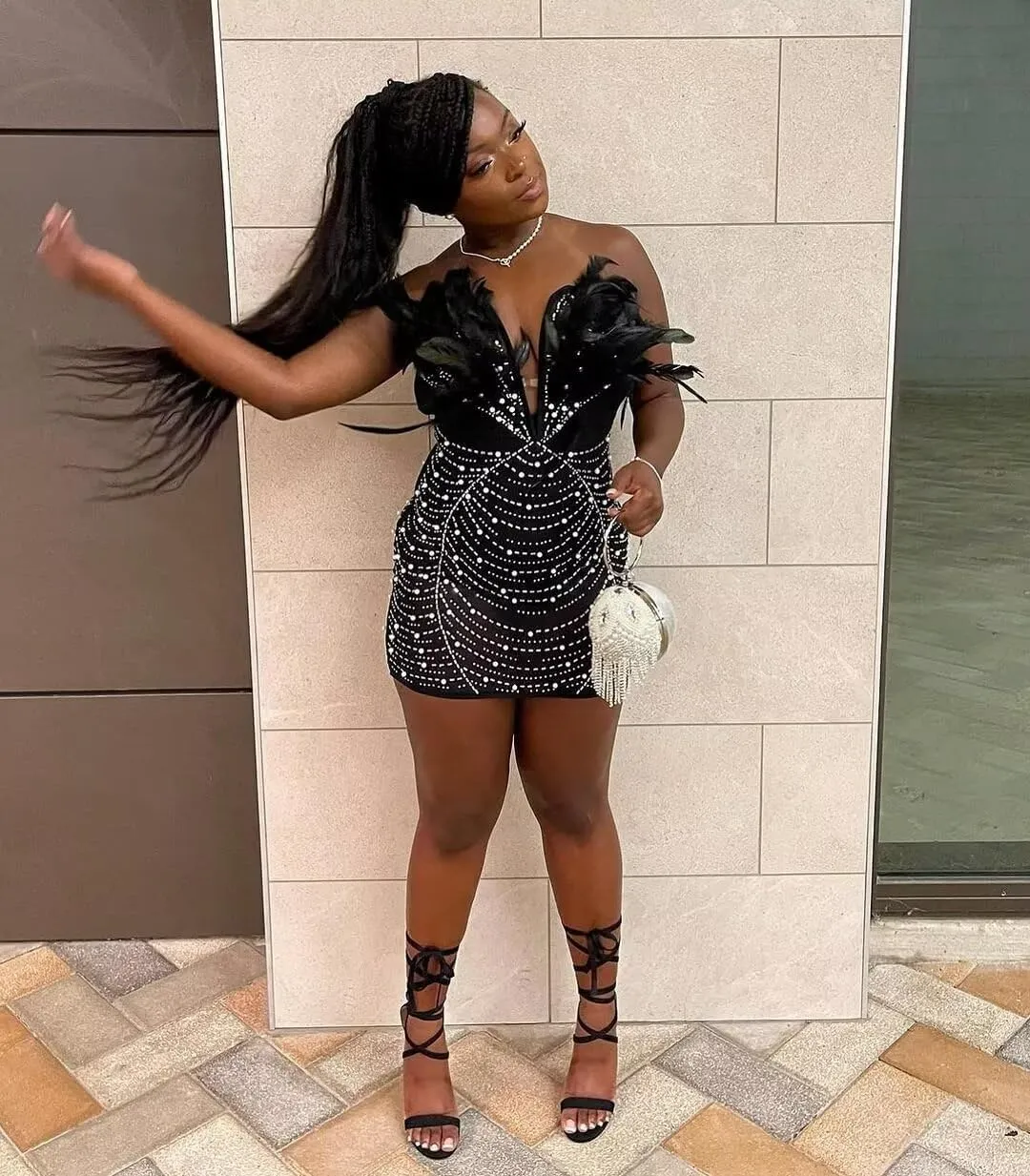 LROSEY Birthday Dresses for Women Sexy Strapless Mini Dress with Rhinestone Feather Party Cocktail Club Date Night Outfits
