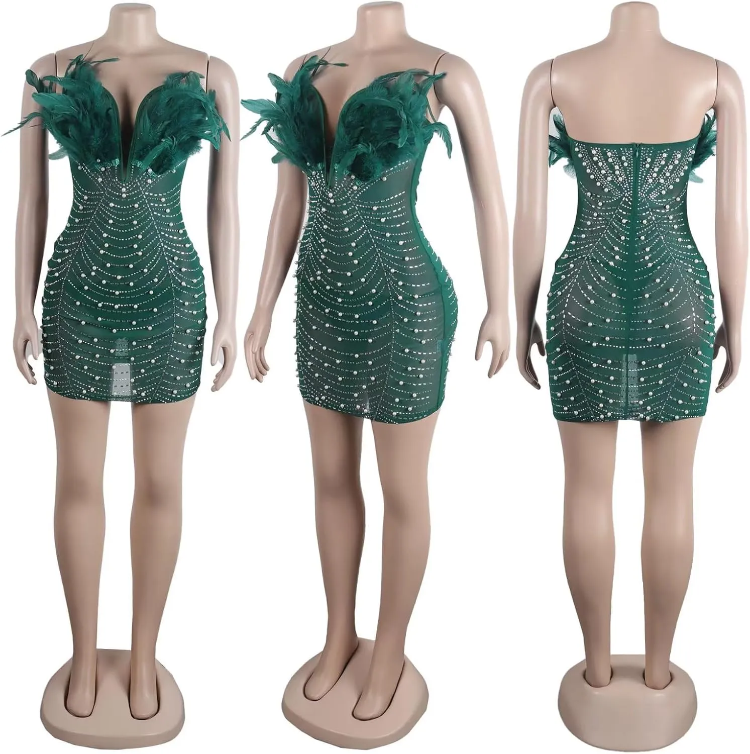 LROSEY Birthday Dresses for Women Sexy Strapless Mini Dress with Rhinestone Feather Party Cocktail Club Date Night Outfits