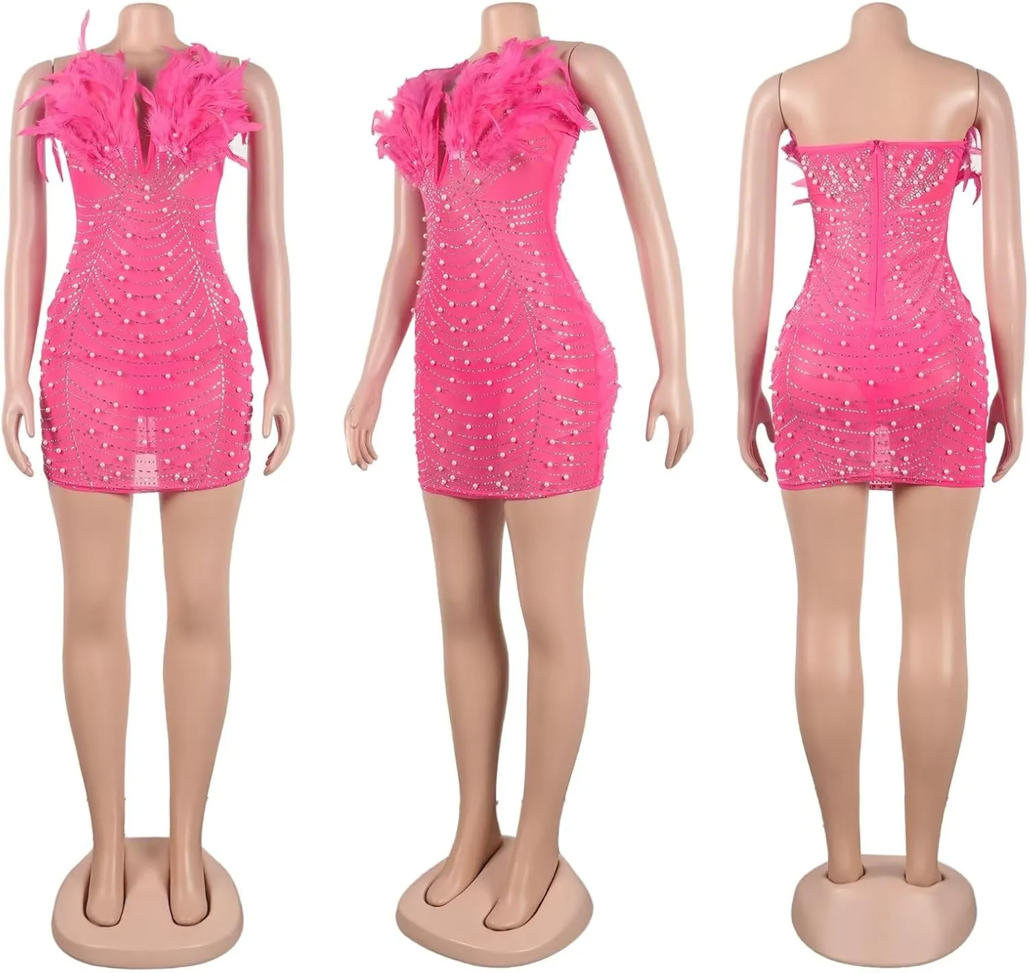 LROSEY Birthday Dresses for Women Sexy Strapless Mini Dress with Rhinestone Feather Party Cocktail Club Date Night Outfits