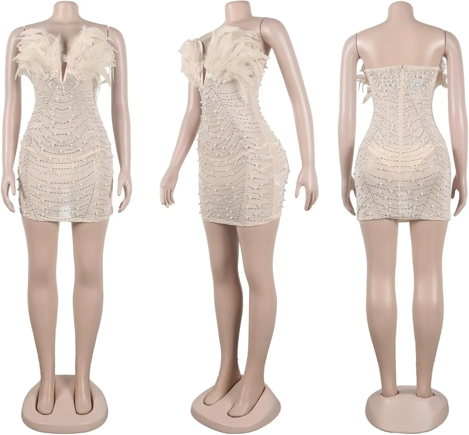 LROSEY Birthday Dresses for Women Sexy Strapless Mini Dress with Rhinestone Feather Party Cocktail Club Date Night Outfits