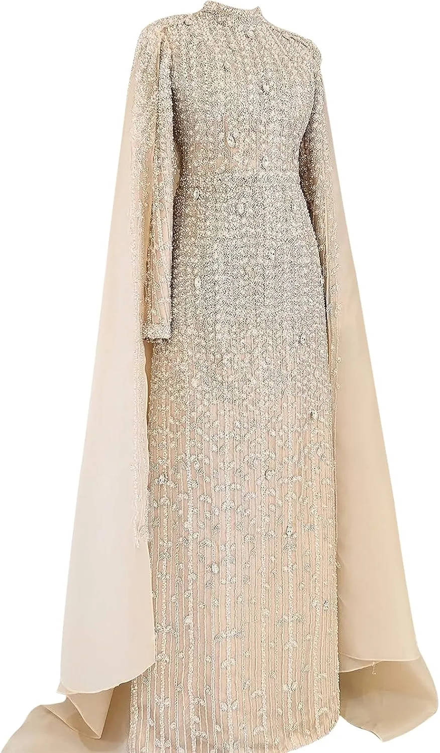 Luxury Sequined Wedding Dress with Cape, Long Sleeve High Neck, Champagne Beaded Bridal Gown