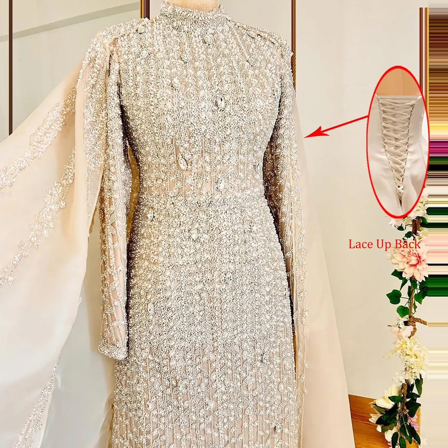 Luxury Sequined Wedding Dress with Cape, Long Sleeve High Neck, Champagne Beaded Bridal Gown