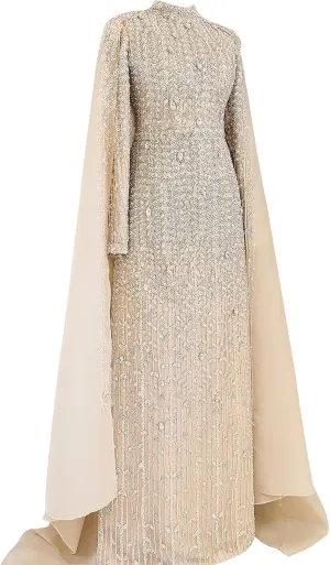 Luxury Sequined Wedding Dress with Cape, Long Sleeve High Neck, Champagne Beaded Bridal Gown