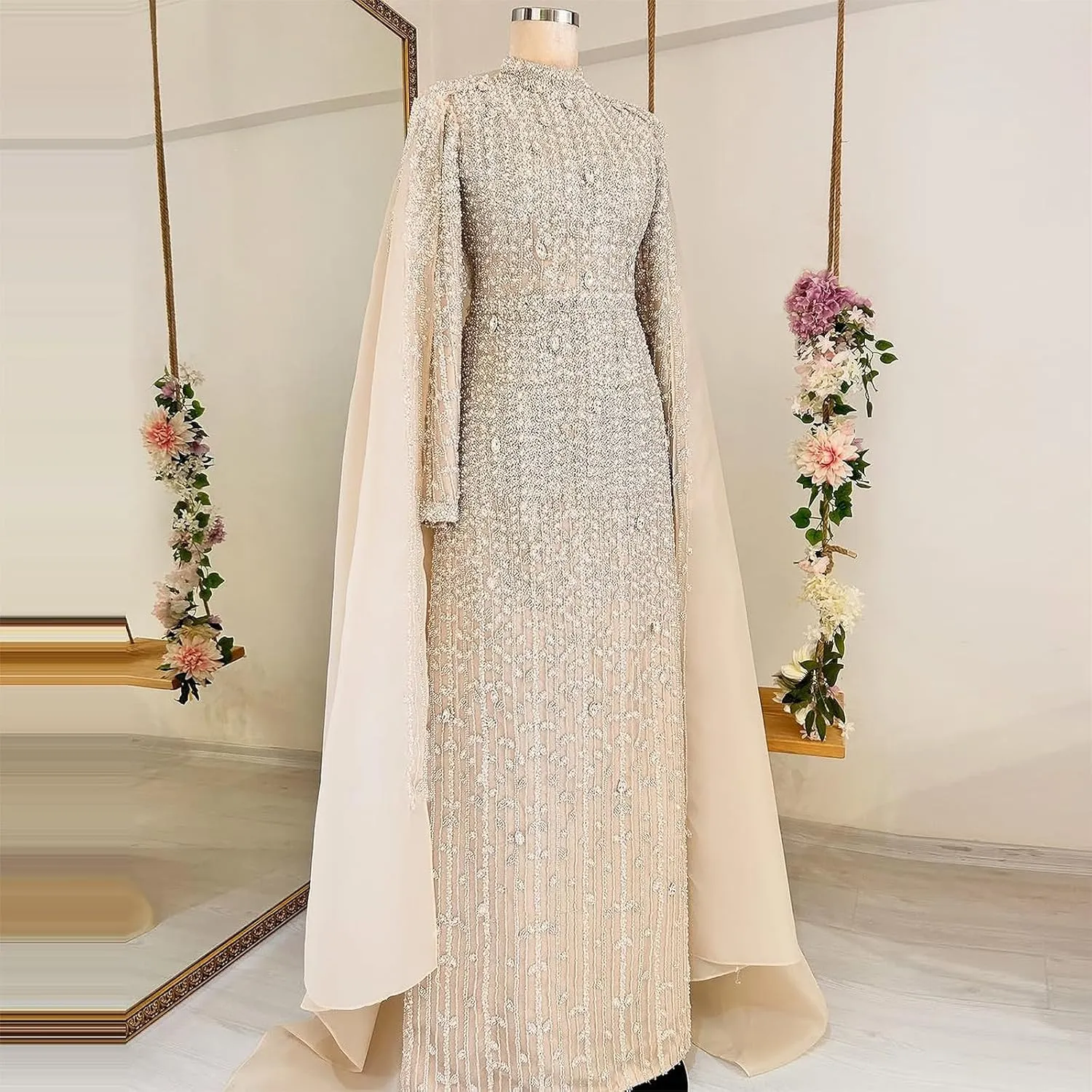 Luxury Sequined Wedding Dress with Cape, Long Sleeve High Neck, Champagne Beaded Bridal Gown