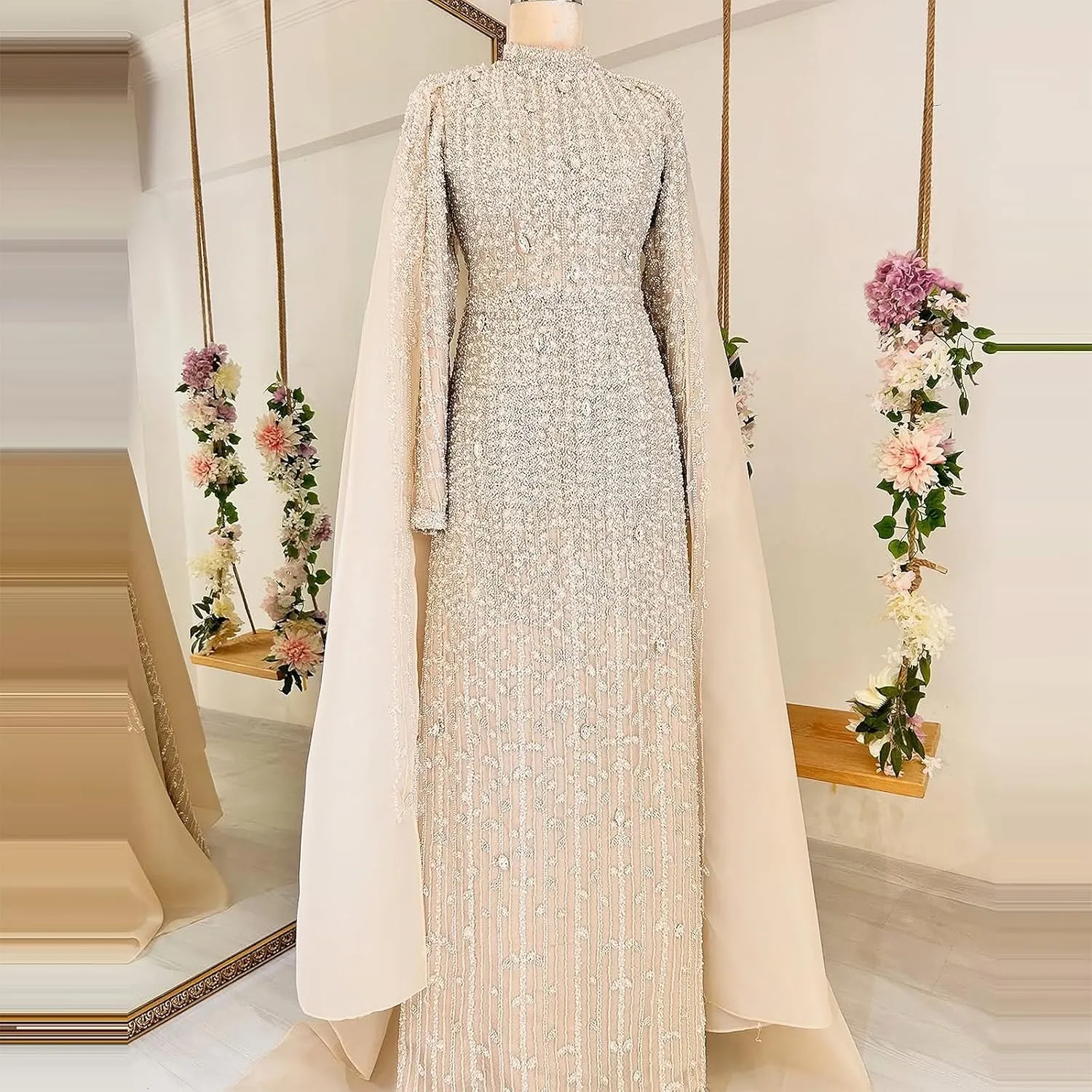 Luxury Sequined Wedding Dress with Cape, Long Sleeve High Neck, Champagne Beaded Bridal Gown