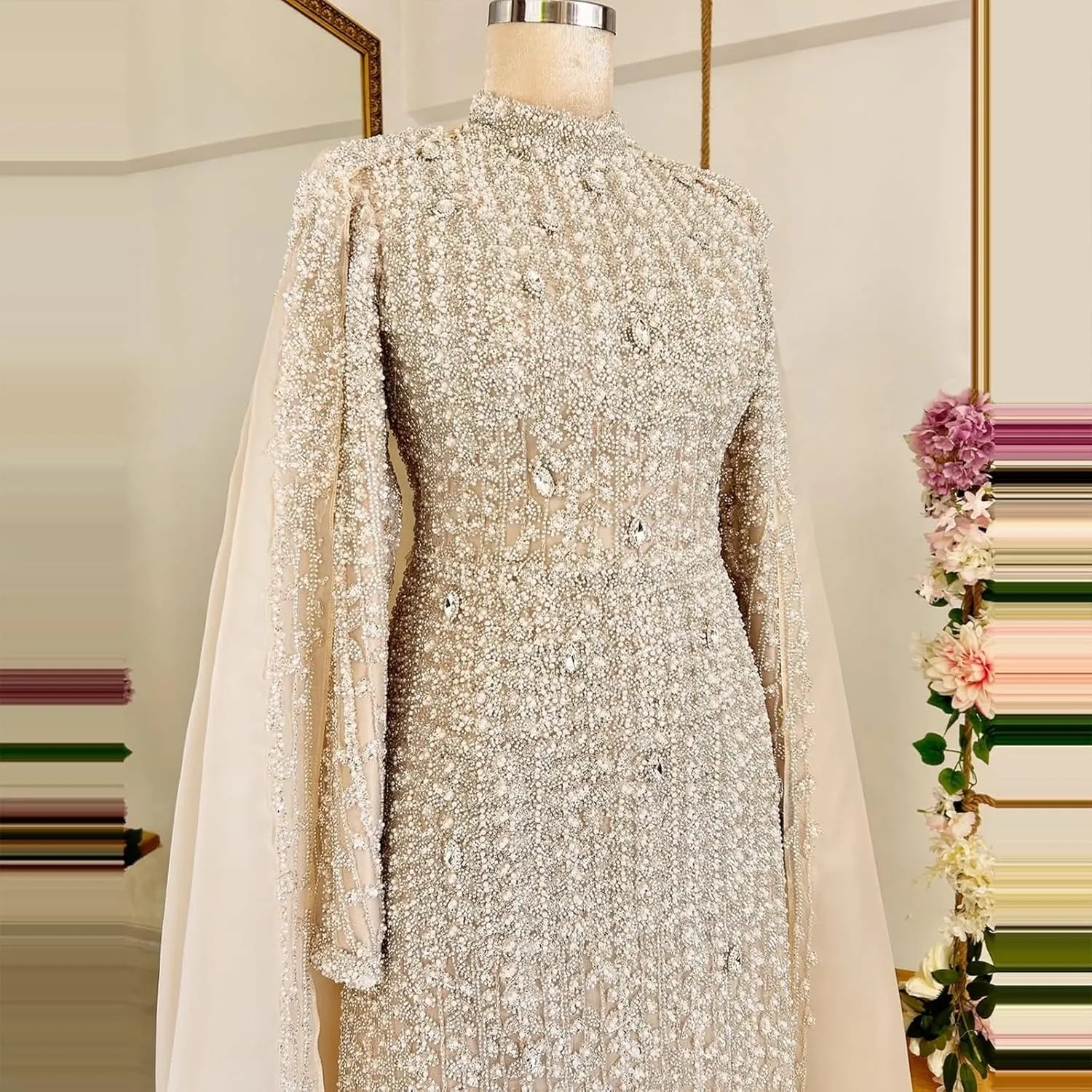 Luxury Sequined Wedding Dress with Cape, Long Sleeve High Neck, Champagne Beaded Bridal Gown