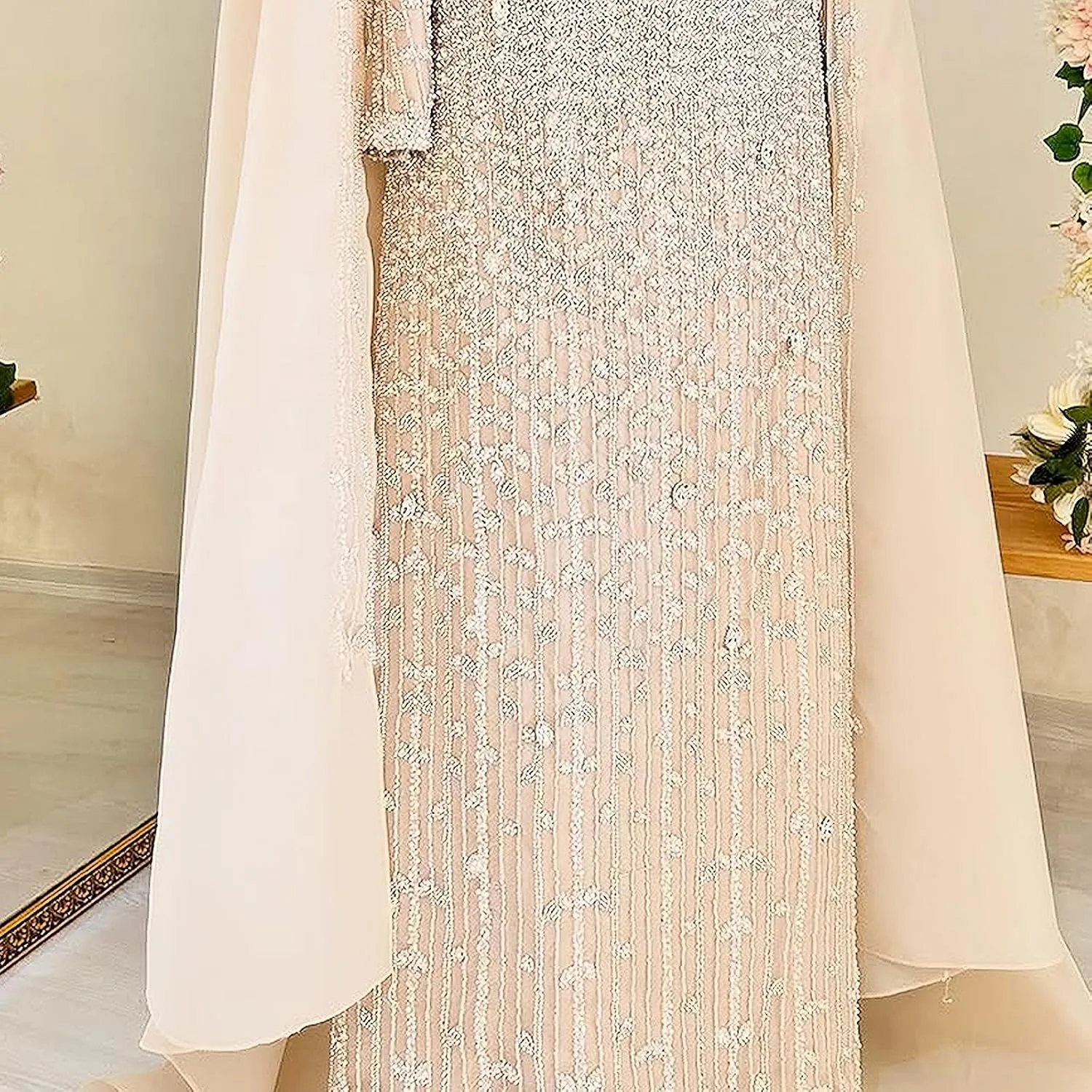 Luxury Sequined Wedding Dress with Cape, Long Sleeve High Neck, Champagne Beaded Bridal Gown