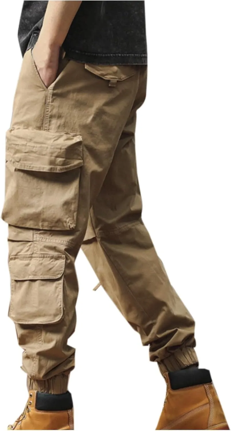 Men's Hiking Cargo Pants Joggers Slim Fit Stretch Lightweight Casual Work Pants with Multi Pockets Drawstring Waist
