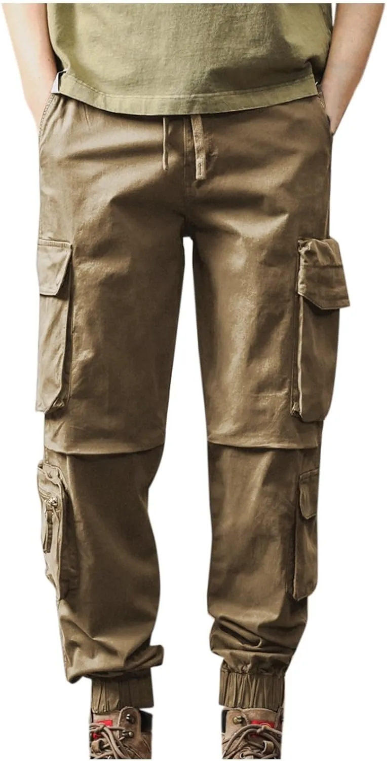 Men's Hiking Cargo Pants Joggers Slim Fit Stretch Lightweight Casual Work Pants with Multi Pockets Drawstring Waist