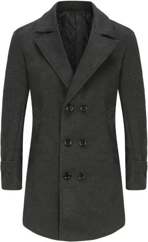 Mens Trench Coat Classic Notched Collar Overcoat Warm Double Breasted Peacoat Elegant Long Jacket Peacoat
