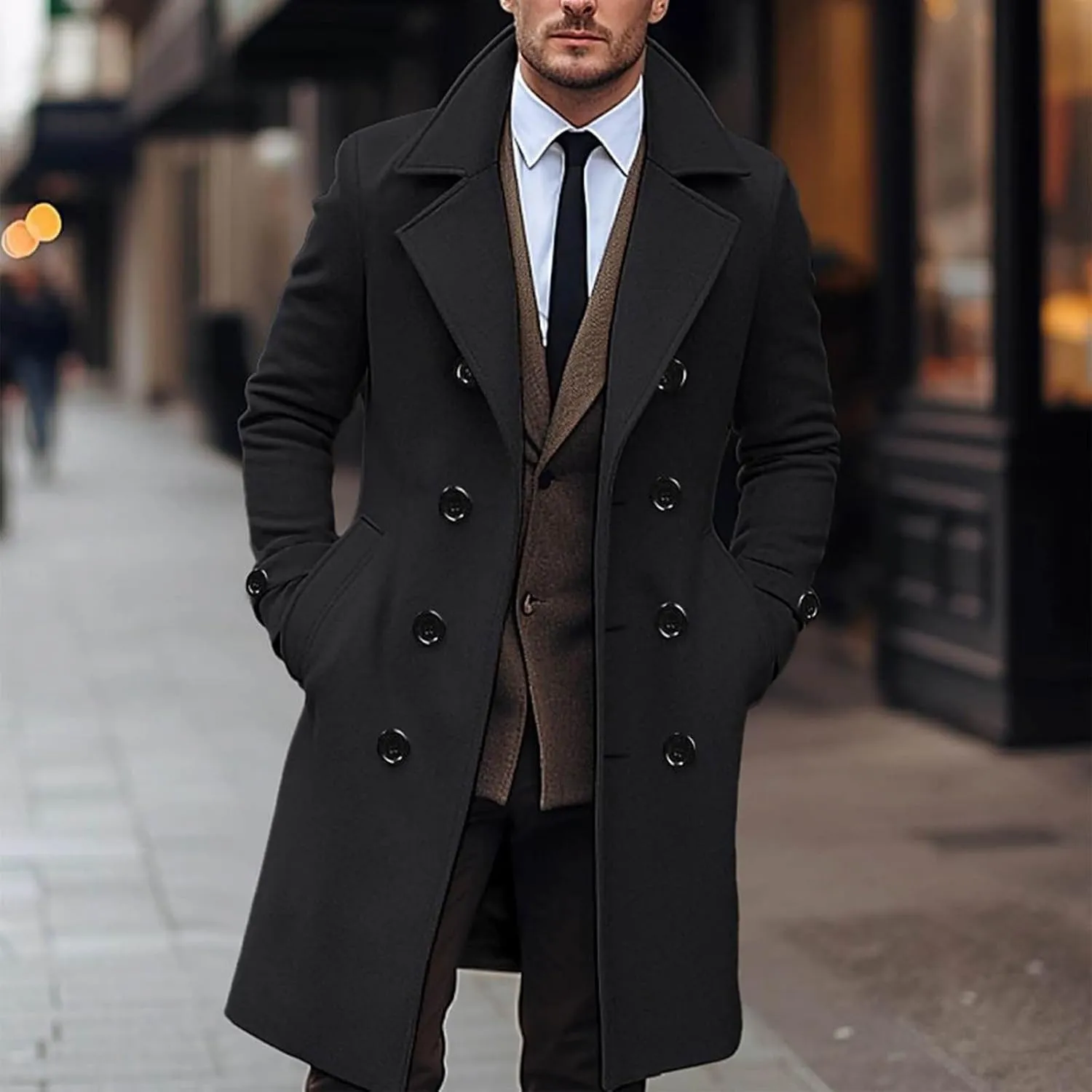 Men's Trench Coat Classic Notched Lapel Peacoat Warm Double Breasted Overcoat Elegant Long Jacket Overcoat