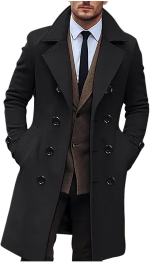 Men's Trench Coat Classic Notched Lapel Peacoat Warm Double Breasted Overcoat Elegant Long Jacket Overcoat