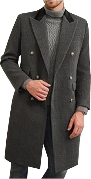 Men's Trench Coat Elegant Notched Lapel Peacoat Classic Single Breasted Overcoat Warm Long Jacket Peacoat
