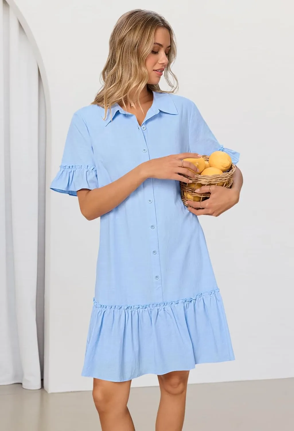 MEROKEETY Women's Summer Button Down Shirt Dress Casual Ruffle Sleeve Shift Mini Dresses with Pockets