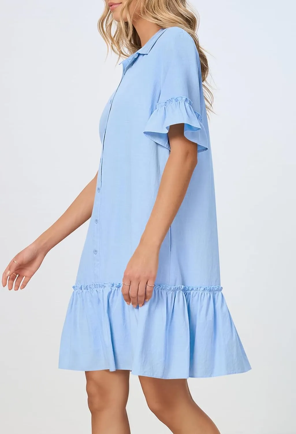 MEROKEETY Women's Summer Button Down Shirt Dress Casual Ruffle Sleeve Shift Mini Dresses with Pockets