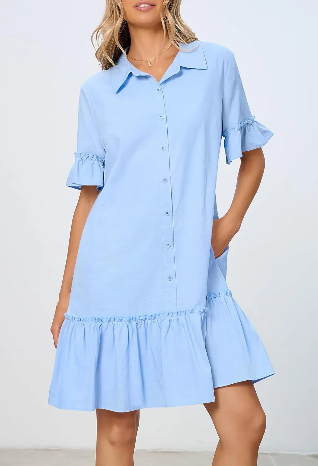 MEROKEETY Women's Summer Button Down Shirt Dress Casual Ruffle Sleeve Shift Mini Dresses with Pockets