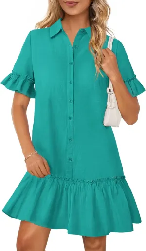 MEROKEETY Women's Summer Button Down Shirt Dress Casual Ruffle Sleeve Shift Mini Dresses with Pockets
