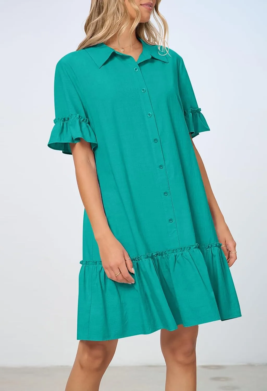 MEROKEETY Women's Summer Button Down Shirt Dress Casual Ruffle Sleeve Shift Mini Dresses with Pockets