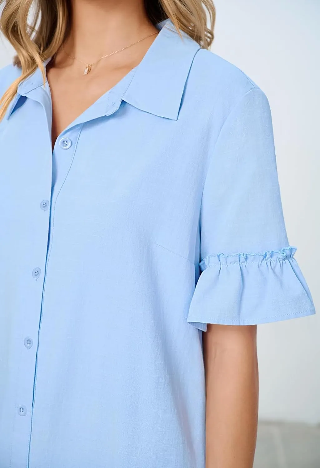 MEROKEETY Women's Summer Button Down Shirt Dress Casual Ruffle Sleeve Shift Mini Dresses with Pockets