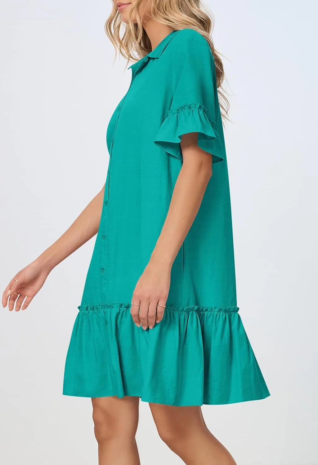 MEROKEETY Women's Summer Button Down Shirt Dress Casual Ruffle Sleeve Shift Mini Dresses with Pockets