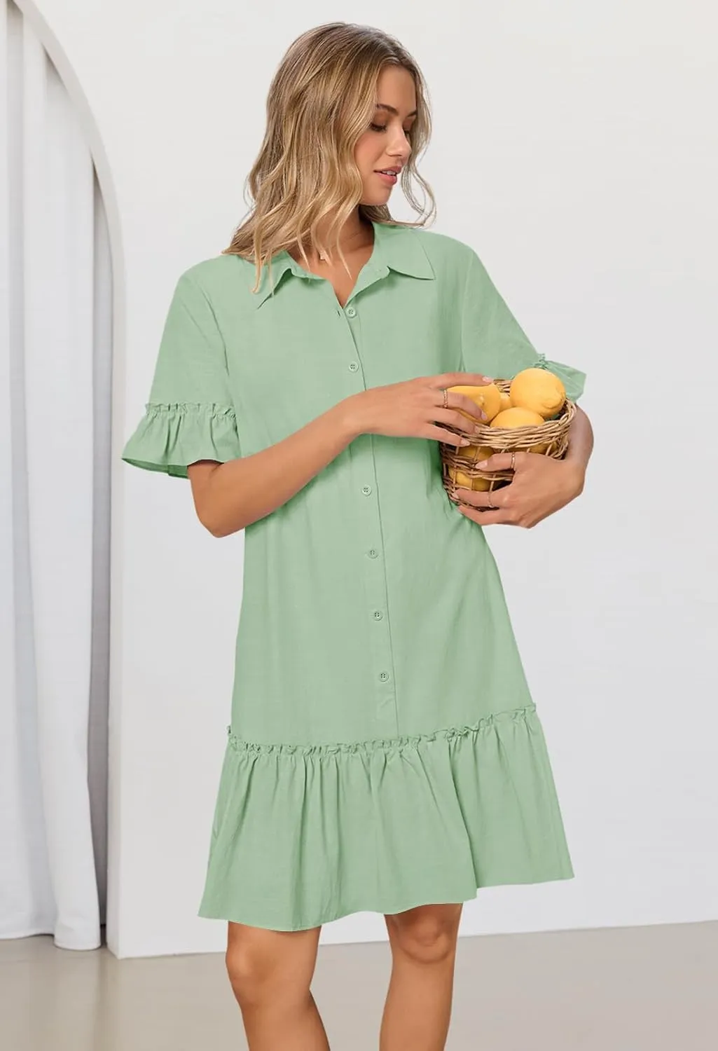 MEROKEETY Women's Summer Button Down Shirt Dress Casual Ruffle Sleeve Shift Mini Dresses with Pockets