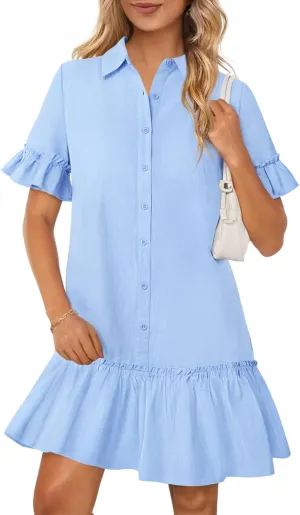 MEROKEETY Women's Summer Button Down Shirt Dress Casual Ruffle Sleeve Shift Mini Dresses with Pockets
