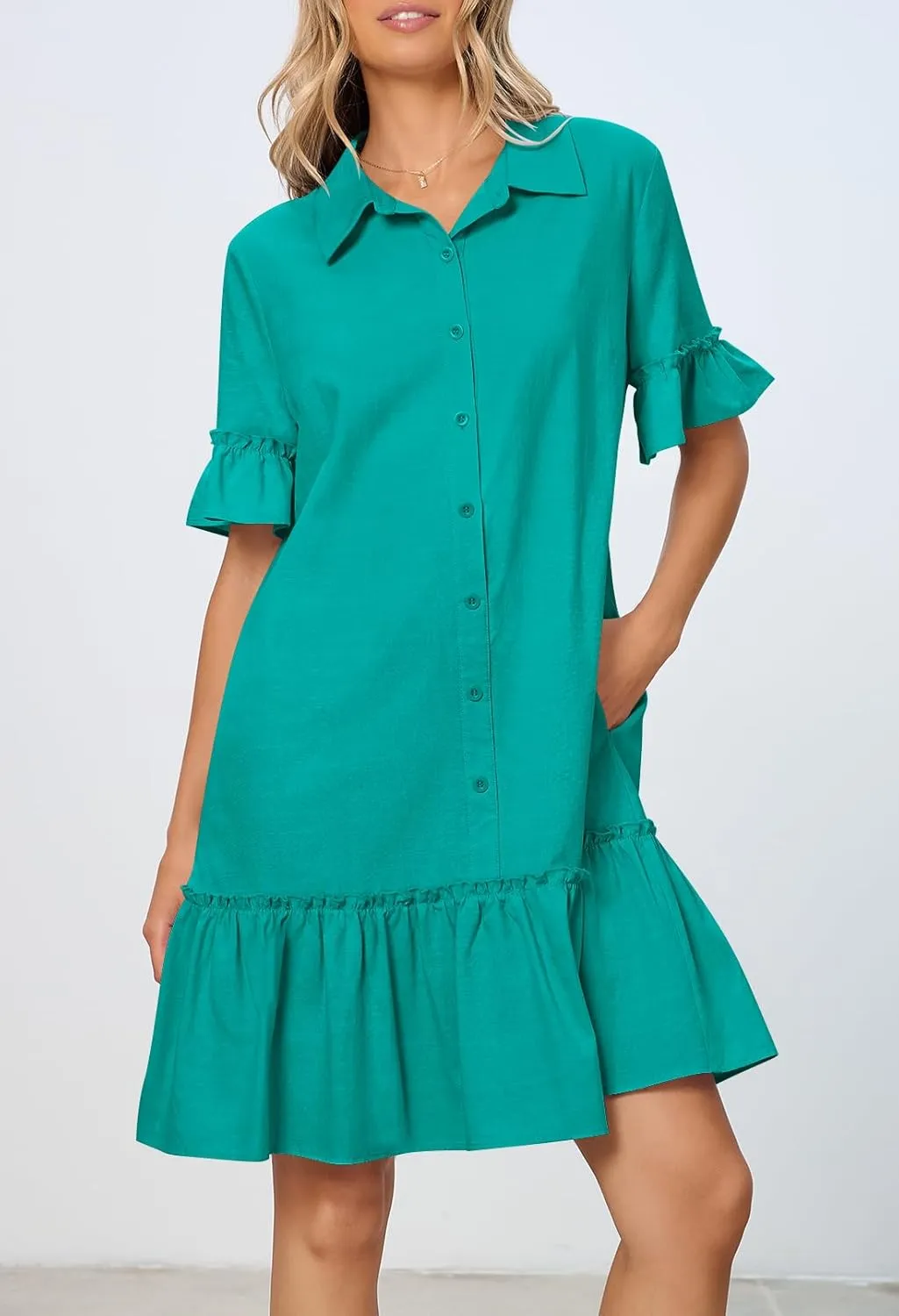 MEROKEETY Women's Summer Button Down Shirt Dress Casual Ruffle Sleeve Shift Mini Dresses with Pockets