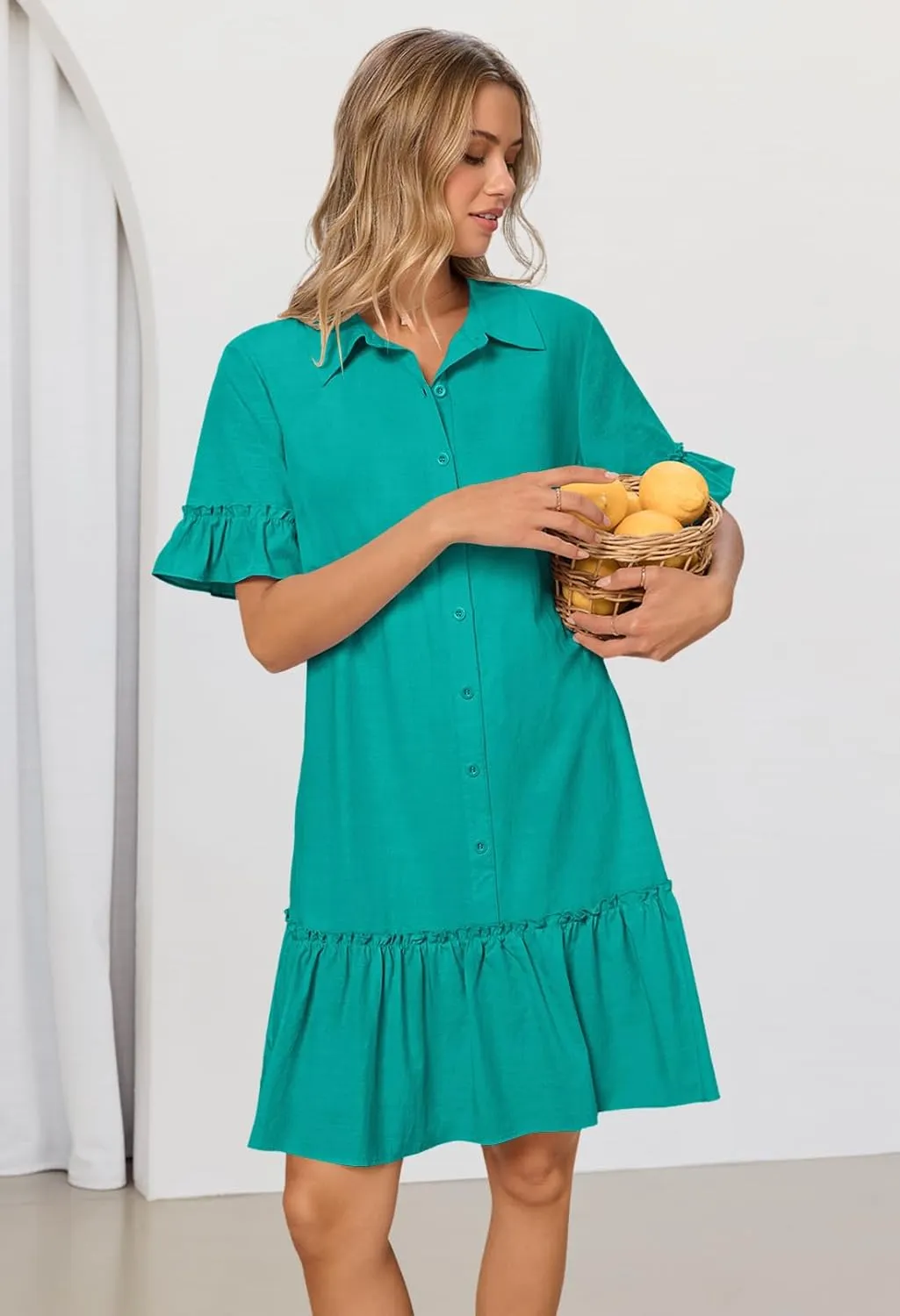 MEROKEETY Women's Summer Button Down Shirt Dress Casual Ruffle Sleeve Shift Mini Dresses with Pockets