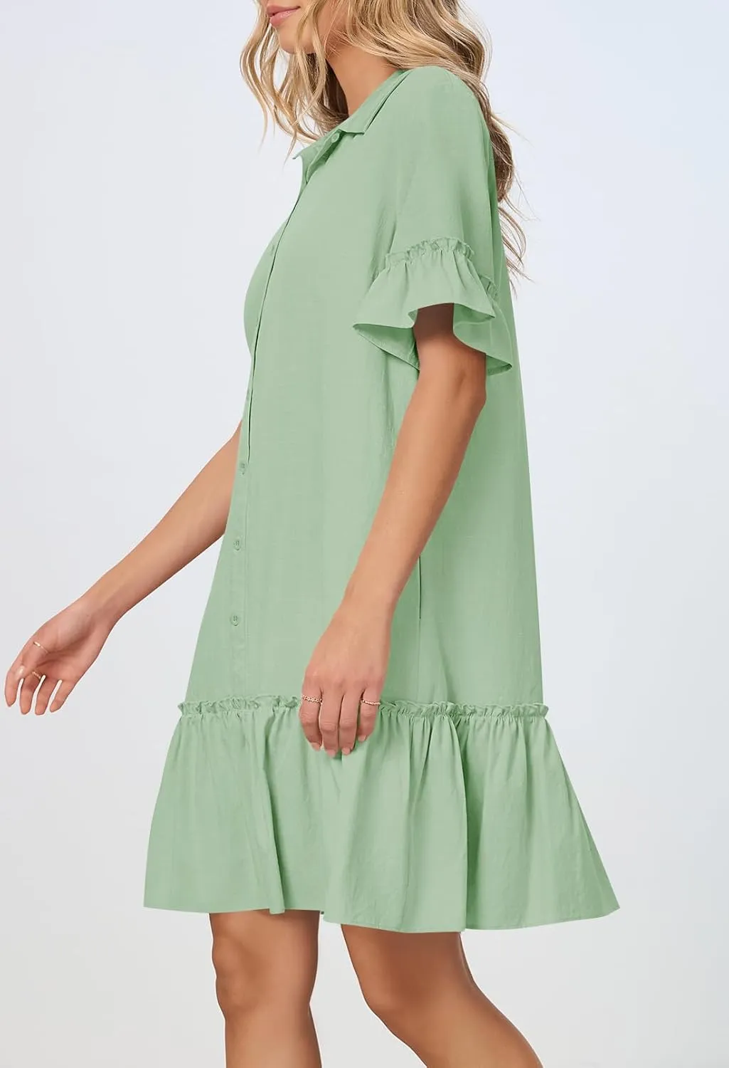 MEROKEETY Women's Summer Button Down Shirt Dress Casual Ruffle Sleeve Shift Mini Dresses with Pockets