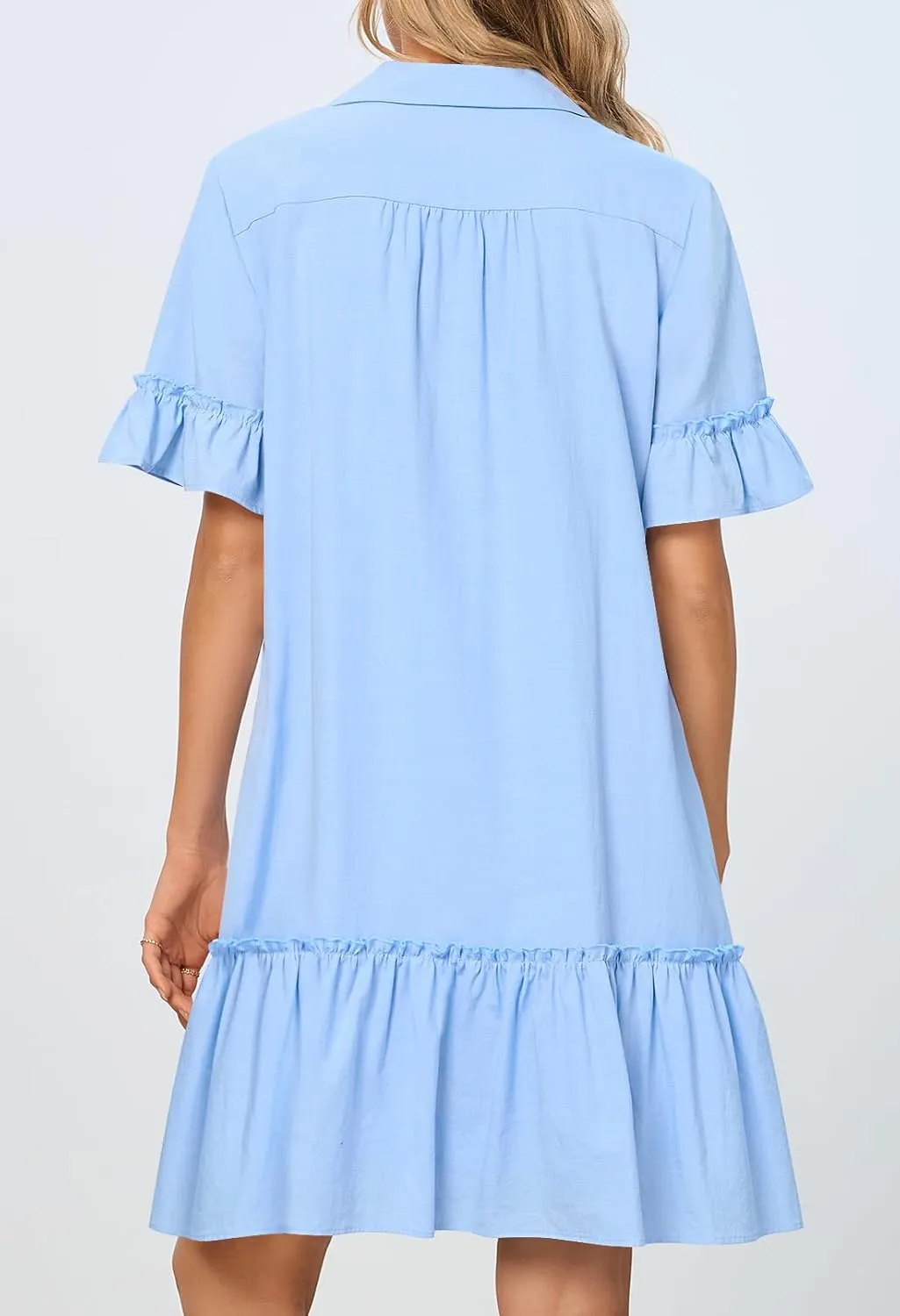 MEROKEETY Women's Summer Button Down Shirt Dress Casual Ruffle Sleeve Shift Mini Dresses with Pockets