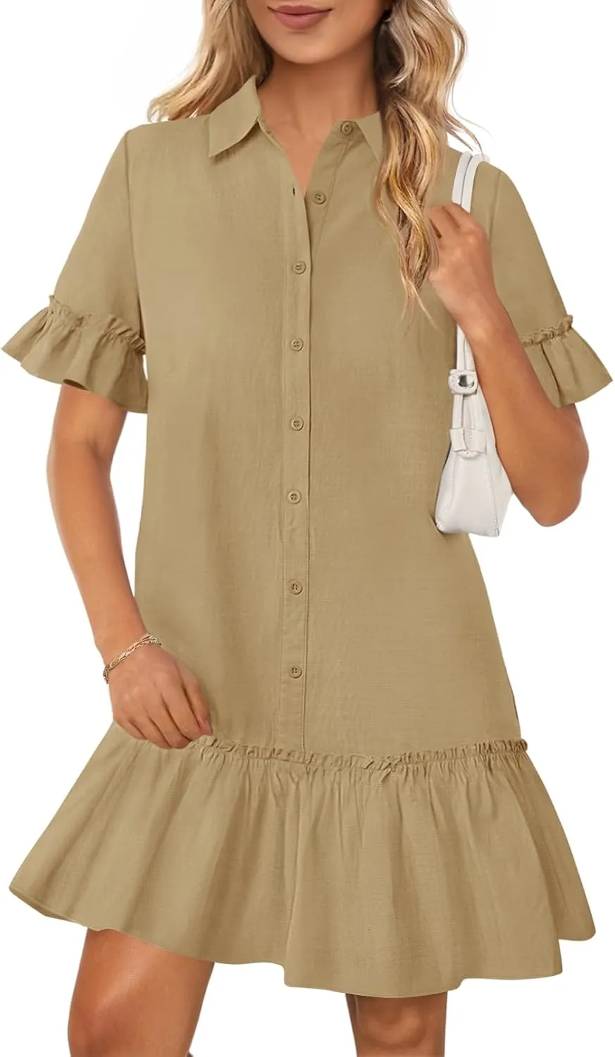 MEROKEETY Women's Summer Button Down Shirt Dress Casual Ruffle Sleeve Shift Mini Dresses with Pockets