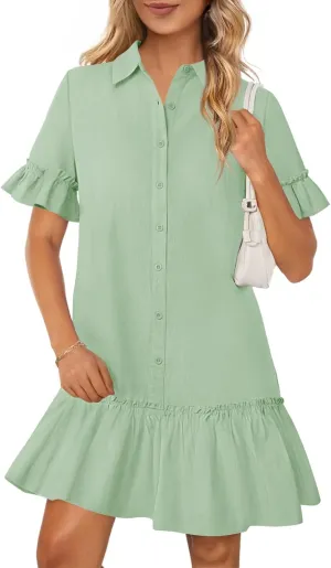 MEROKEETY Women's Summer Button Down Shirt Dress Casual Ruffle Sleeve Shift Mini Dresses with Pockets