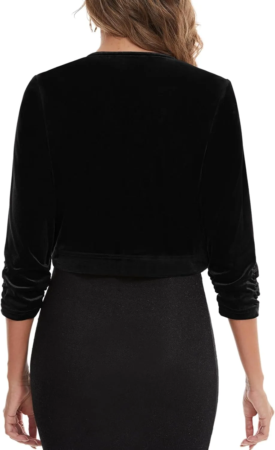 MINTLIMIT Women Velvet Shrug Bolero Open Front 3/4 Ruched Sleeve Evening Dressy Cropped Cardigans with Hook and Eye