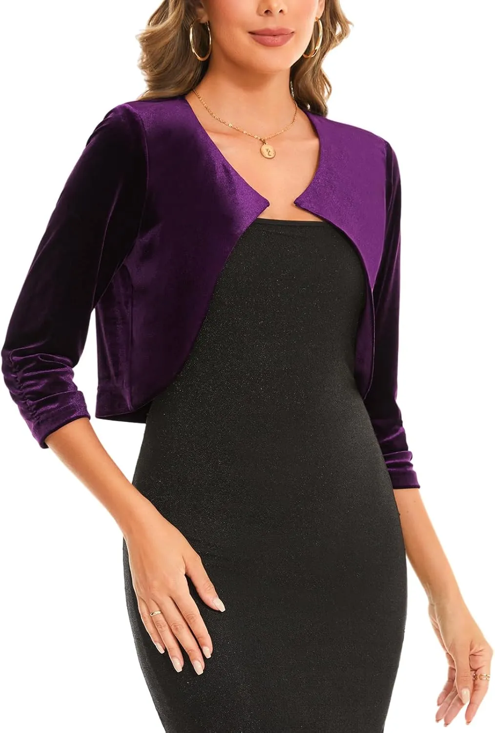 MINTLIMIT Women Velvet Shrug Bolero Open Front 3/4 Ruched Sleeve Evening Dressy Cropped Cardigans with Hook and Eye